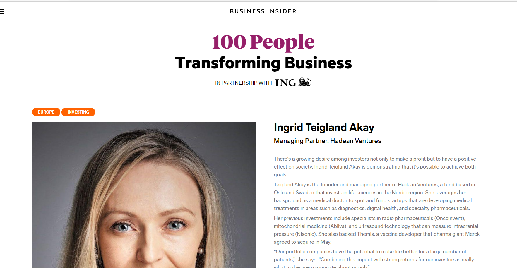Ingrid Teigland Akay included in Business Insider’s list of 100 People Transforming Business in Europe.